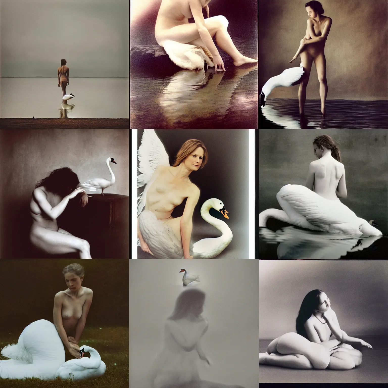 Prompt: A picture of a woman and a swan by Annie Leibovitz in the style of Leda and the Swan
