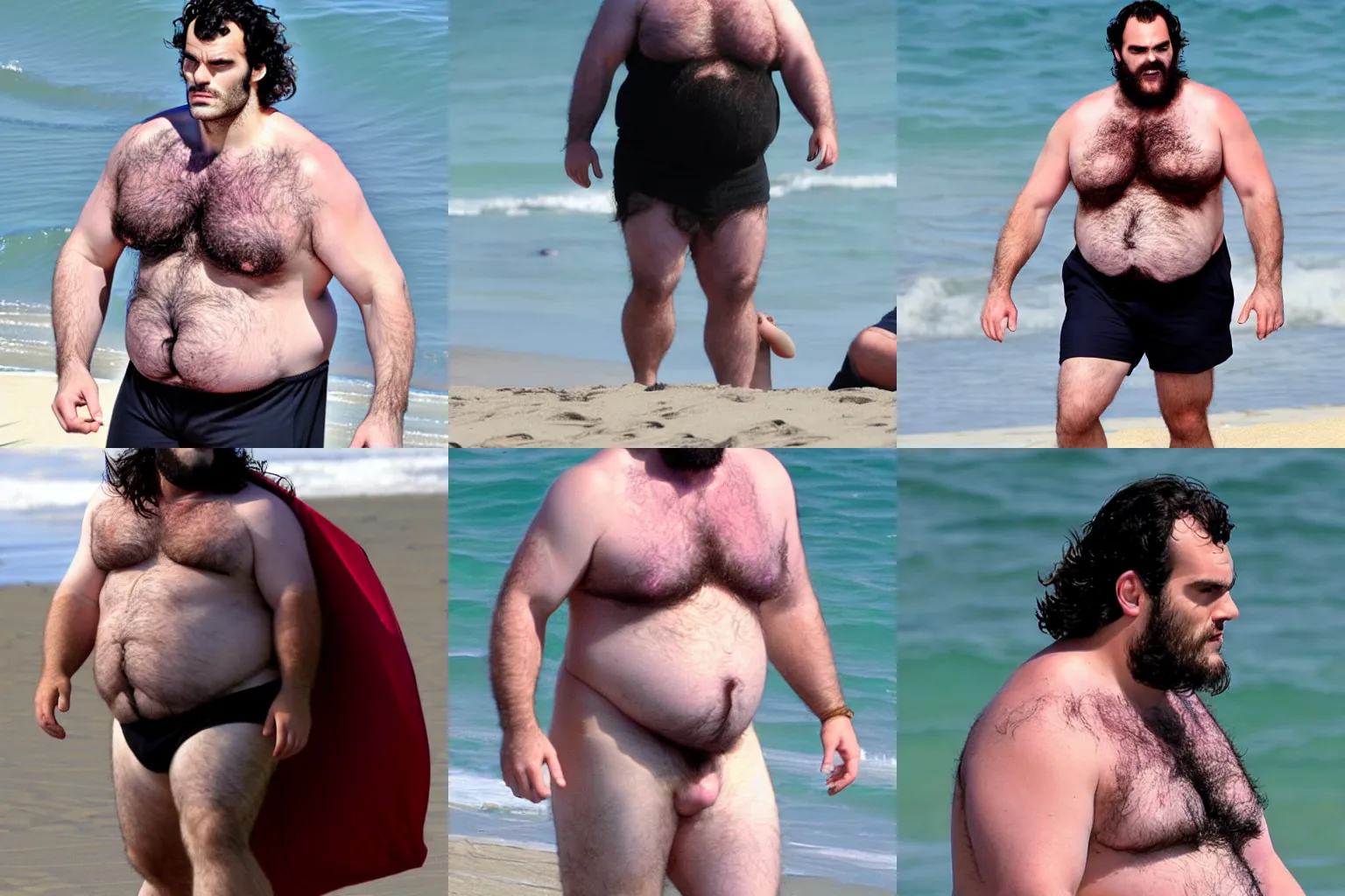 Prompt: fat and hairy henry cavil at the beach