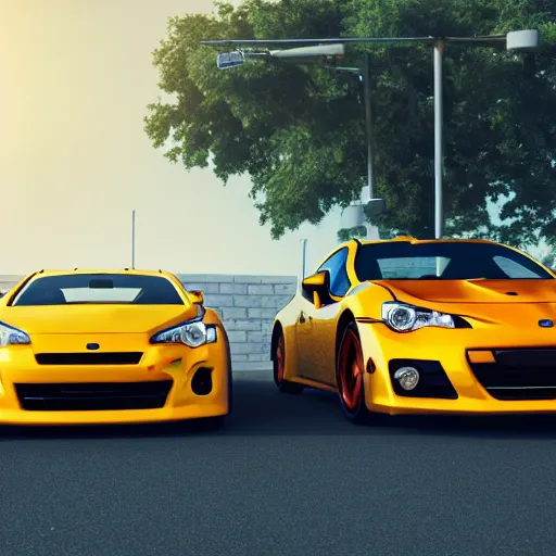 Prompt: An Evo 10 car and a BRZ car kissing, Pixar Cars movie style, 3D render, beautiful lighting, the cars have faces, extremely detailed, HDR, 4K, 8K