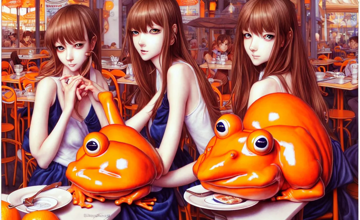 Image similar to a French girl in a café with a giant orange frog. insanely and epically detailed supreme-quality color ink pen artwork, amazingly composed image, illustrated by Range Murata and Artgerm and Stanley Law.