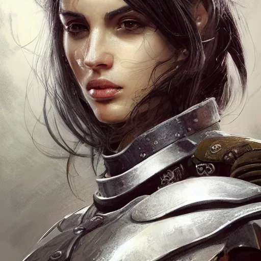 Image similar to a full-face portrait of an attractive young woman, clothed in battle armor, olive skin, long dark hair, beautiful bone structure, symmetrical facial features, intricate, elegant, highly detailed, digital painting, trending on Artstation, concept art, smooth, sharp focus, illustration, from Metal Gear by Ruan Jia and Mandy Jurgens and Artgerm and and william-adolphe bouguerea, award winning