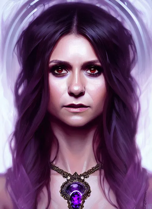 Image similar to portrait of nina dobrev as a vampire queen, jewelry, greek, amethyst, intricate, headshot, highly detailed, digital painting, artstation, concept art, sharp focus, cinematic lighting, illustration, art by artgerm and greg rutkowski, alphonse mucha, cgsociety