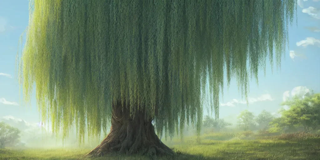 Image similar to A highly detailed matte oil painting of a willow tree, hyperrealistic, cinematic, breathtaking, beautiful composition, Mokoto Shinkai, Studio Ghibli, Dan Mumford, James Jean, volumetric lighting, octane render, 4K resolution, trending on artstation