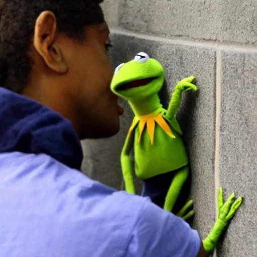 Prompt: kermit pinned against a wall by a police officer