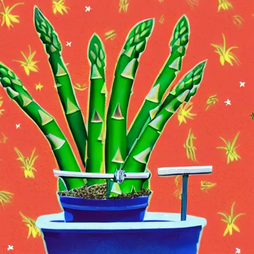 Prompt: image of an asparagus in a flowerpot driving a red tractor in outer space.