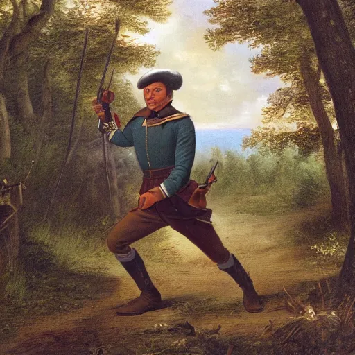 Prompt: 4 k photo of davy crockett running through woods with a flintlock