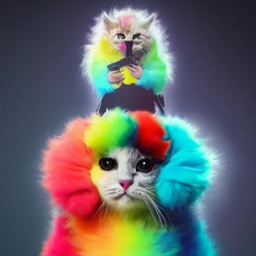 Image similar to wide angle full body, jacket wearing fluffy cute rainbow kitten wearing a black leather motorcycle jacket, cinematic concept art