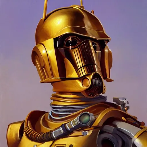 Image similar to greg manchess portrait painting of c 3 po as overwatch character, medium shot, asymmetrical, profile picture, organic painting, sunny day, matte painting, bold shapes, hard edges, street art, trending on artstation, by huang guangjian and gil elvgren and sachin teng