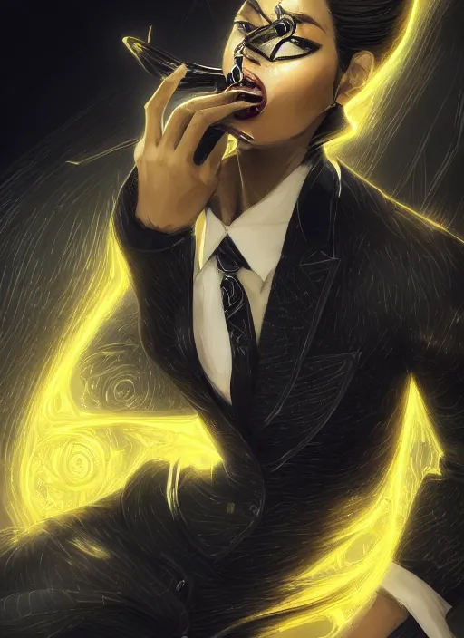 Image similar to a highly detailed illustration of meisa kuroki wearing black suit and tie with coattails, yellow eyes, dramatic elegant pose, strings background, intricate, elegant, highly detailed, centered, digital painting, artstation, concept art, smooth, sharp focus, league of legends concept art, wlop.