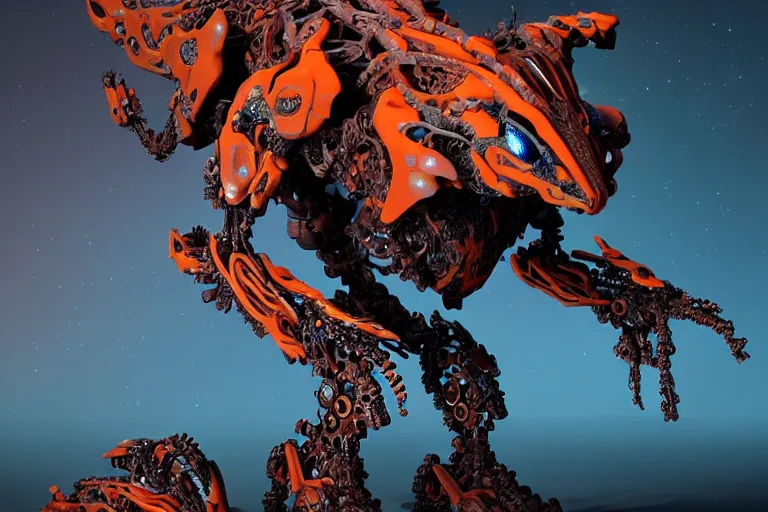 Image similar to a hyper detailed orange fanghorn evangelion realistic mechanical and organic creature similar look as horizon forbidden west horizon zero dawn, bioluminiscence in a dark deep forest at dawn in spring, with reflection and textures, by kilian eng, substance painter reaslitic mech surface metal painted scratches,