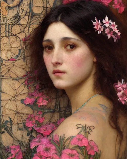 Image similar to a beautiful girl with tattoos surrounded by flowers orientalist intricate portrait by john william waterhouse and edwin longsden long and theodore ralli and nasreddine dinet, oil on canvas. cinematic, hyper realism, dramatic lighting, high detail 8 k