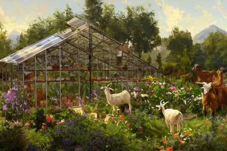 Image similar to weed greenhouse with hundreds of goats in the yard, goat farm, rococo style, greek architecture, green marble building, marijuana trees, multicolored weed leaves, dynamic lighting, landscape, artwork by jeremy lipkin and giuseppe dangelico pino and michael garmash and rob rey and greg manchess and huang guangjian and makoto shinkai, pixiv, 1 0 0 mm