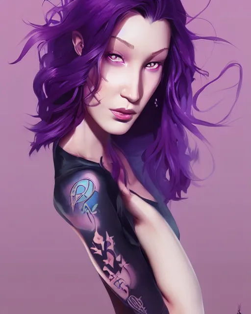 Image similar to beautiful Bella Hadid purple hair tattoos symmetrical face eyes full body fantasy art icon, 5d art cover , official fanart behance hd artstation by Jesper Ejsing, by RHADS, Makoto Shinkai and Lois van baarle, ilya kuvshinov, rossdraws