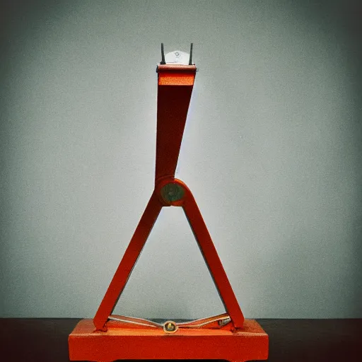 Prompt: vintage analog product photography of a historical old-fashioned plastic french guillotine, studio lighting, film grain, color bleed