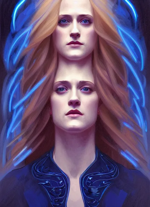 Prompt: symmetry!! portrait of evan rachel wood with long blonde hair, blue dress, old west, glowing lights!! intricate, elegant, highly detailed, digital painting, artstation, concept art, smooth, sharp focus, illustration, art by artgerm and greg rutkowski and alphonse mucha