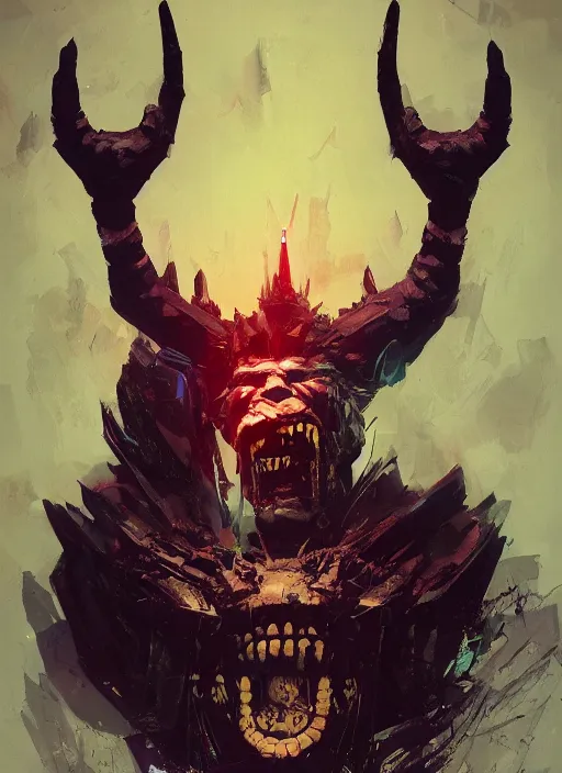 Prompt: dark Joe Biden grinning emperor of the world with big american devil horns, high contrast, cosmic horror, abstract, masterpiece, trending on ArtStation, by Greg Rutkovski and by Craig Mullins and by David Cronenberg and by Ismail Inceoglu