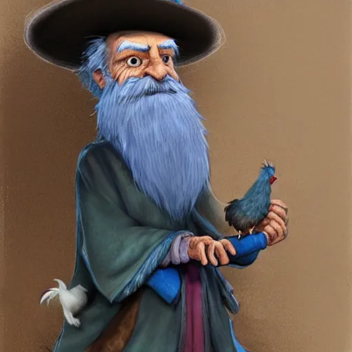 Image similar to character concept art of a kind old wizard with a long white beard looking a confused, holding a pet chicken perched top of his hat, wearing a blue robe, blue eyes, realistic, detailed, trending on ArtStation, by John Howe