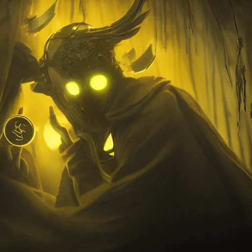 Image similar to award - winning. trending on artstation. cinematic. 4 k. a person wearing hooded frayed yellow robes and an eerie steel mask casting a spell while yellow magic runes float behind them. dark background