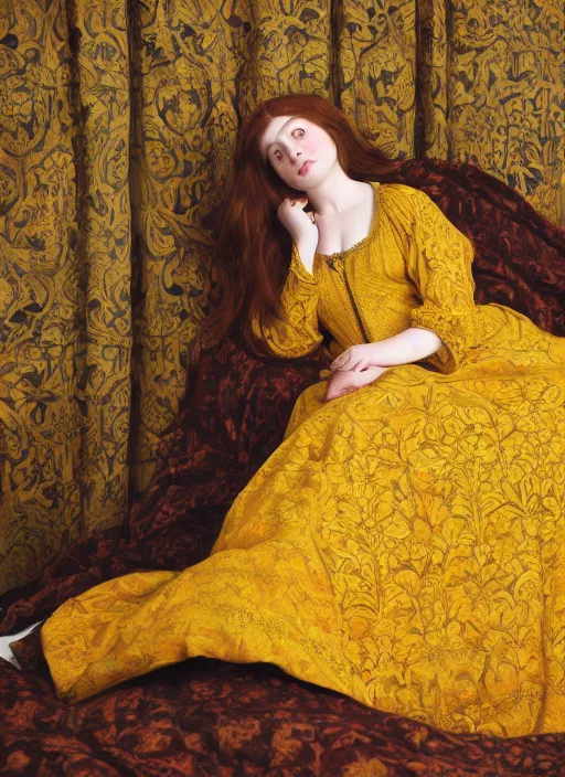 Image similar to preraphaelite photography reclining on bed, big brown fringe, yellow ochre ornate medieval dress, william morris, 4 k