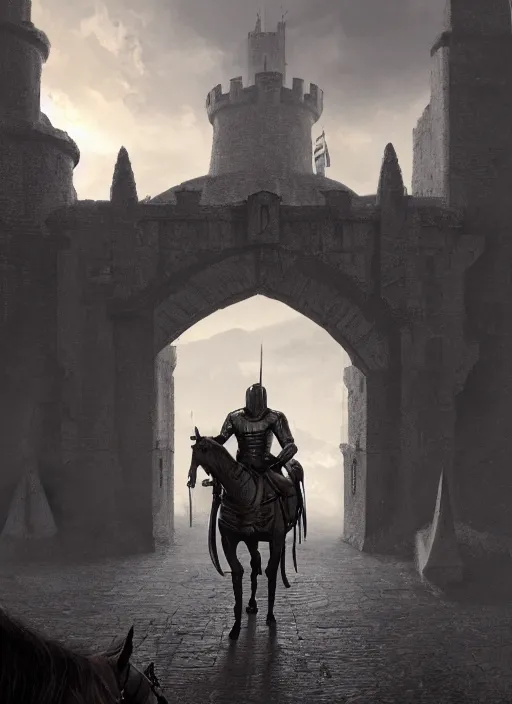 Prompt: knight on his horse standing in front of a huge medieval castle gate, brutalist architecture, dramatic lighting, cinematic, establishing shot, extremly high detail, foto realistic, cinematic lighting, post processed, concept art, artstation, matte painting, style by eddie mendoza, raphael lacoste, alex ross