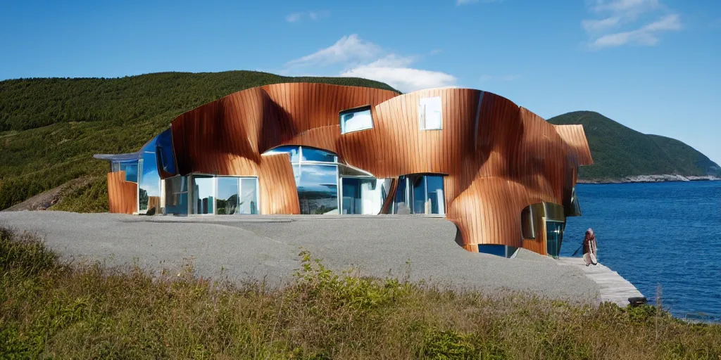 Image similar to modern norwegian fjord beach house designed by frank gehry, contemporary architecture, photography