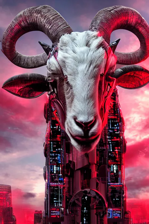 Image similar to giant imposing complex machine merged with evil cybernetic goat head at helm, cyberpunk, red hues