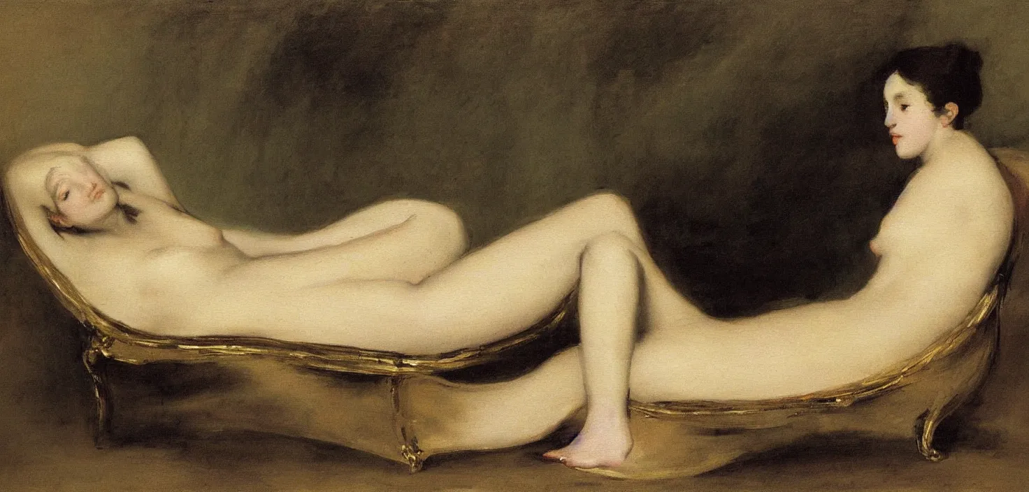 Image similar to an intimate painting of a young french woman on a chaise lounge by gustave courbet & francisco goya, oil painting, intimate, beautiful, calm serene, soft edges