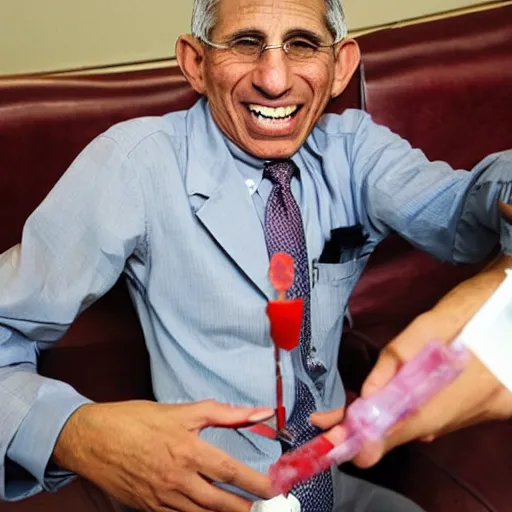 Prompt: stark raving mad lunatic doctor anthony fauci, covered in blood, laughing maniacally, holding needles and syringes in his hands