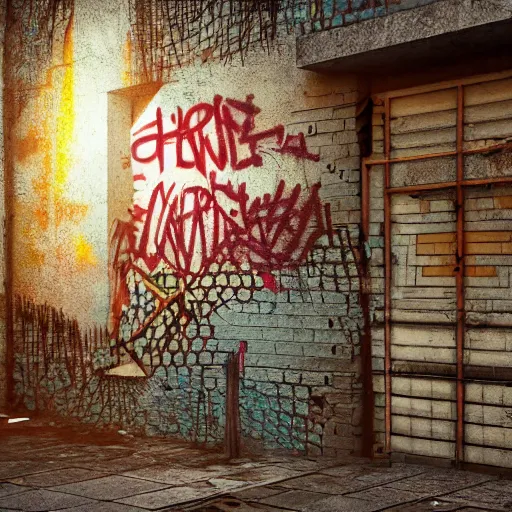 Prompt: graffiti on a wall in a run down building, happy mood, cyberpunk, high detail, golden light, realistic