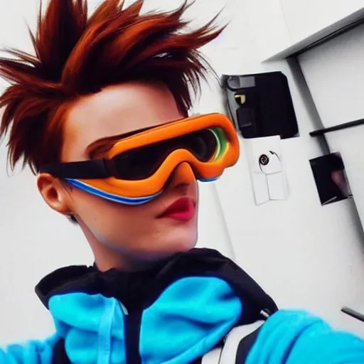 Prompt: tracer from overwatch wearing googles smartphone selfie