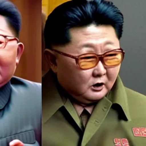 Prompt: split screen filmstill of Kim Jong-il and Shin Sang-ok