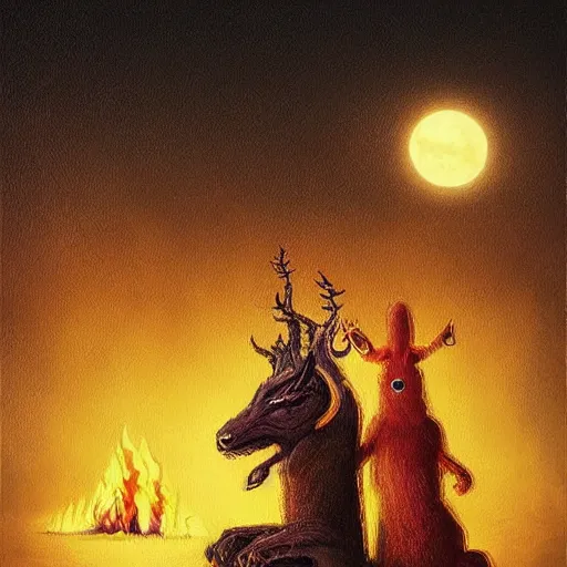 Image similar to strange mythical beasts of sitting around a fire under a full moon, surreal dark uncanny painting by ronny khalil