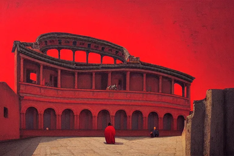 Image similar to only with red, a red great emperor, taormina amphitheatre, crowd with big smile, in the style of beksinski, parts by edward hopper, parts by rodcenko, parts by yue minjun, intricate and epic composition, red by caravaggio, insanely quality, highly detailed, masterpiece, red light, artstation, 4 k