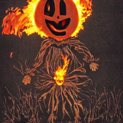 Prompt: a scarecrow is in flames. the sun has a face and is laughing. a field. gothic horror