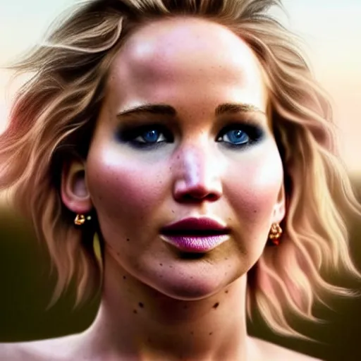 Image similar to beautiful hyperrealism hyperdetailed candid portrait of jennifer lawrence in happy disbelief because of a marriage proposal from jennifer lawrence, flushed face, red blush, puffy lips, soft features, 8 k, sharp focus, golden hour, beach setting