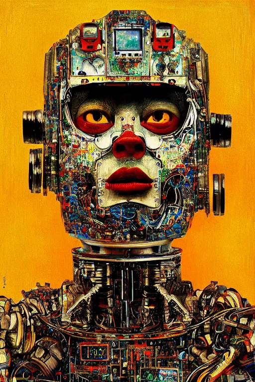 Image similar to robot monk painting a self - portrait on a canvas. intricate, highly detailed, photorealistic, film still, by christopher doyle.