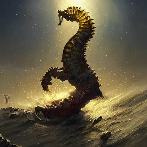 Image similar to a beautiful painting by greg rutkowski and michael whelan, trending on artstation a wasteland of nuclear bombs that failed to go off, 8k resolution incredible digital illustration added Featured seahorse nailed to gold chainsword