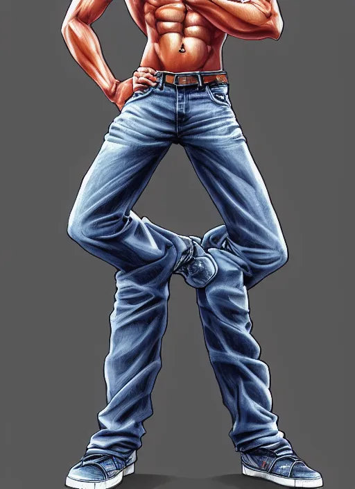 Prompt: Portrait of Onizuka from GTO wearing only jeans , masculine and muscular, both fist closed, intricate body, whole body highly detailed, digital painting, artstation, concept art, smooth, sharp focus, illustration, art by Hajime Sorayama