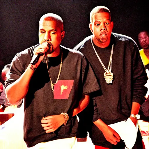 Prompt: kanye west & jay z performing the watch the throne tour inside of a mcdonalds, 2 0 1 1