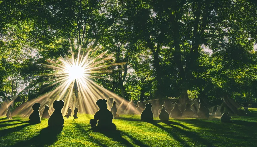 Image similar to A park full of trees and flowers with statue cats forming a circle ,god rays, incredible lighting, 4k photography award winning,