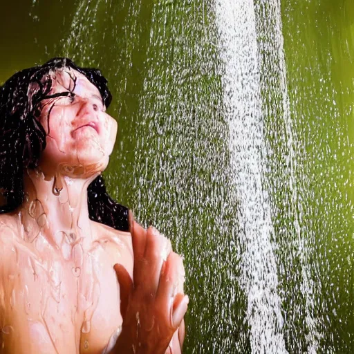 Prompt: a woman showering under laminar flow