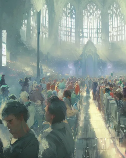 Image similar to craig mullins and ghibli digital matte art of a crowd in a futuristic church, priest, pews, ethereal, inviting, bright, unreal engine, hyper realism, realistic shading, cinematic composition, realistic render, octane render, detailed textures, photorealistic, wide shot