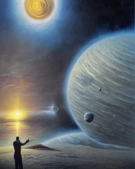 Prompt: a painting of a man standing in front of a planet, a detailed matte painting by david a. hardy and by david a hardy and by clyde caldwell, featured on deviantart, space art, sci - fi, dystopian art, matte painting