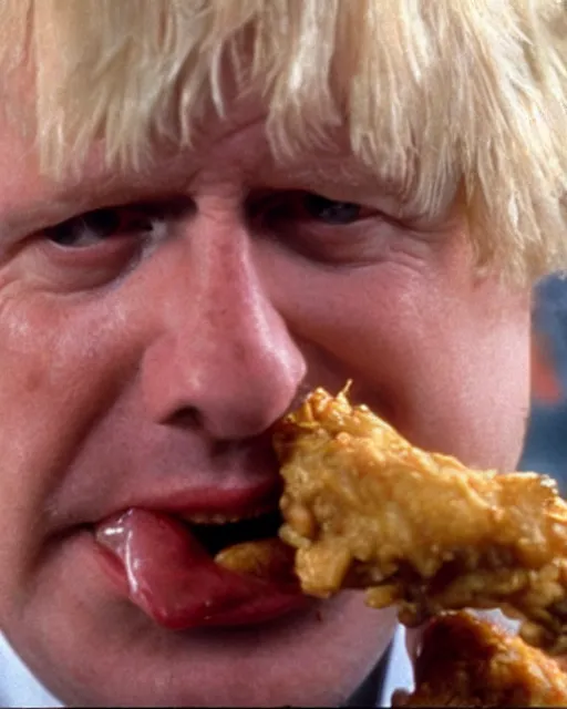 Image similar to film still close - up shot of boris johnson eating fried chicken from the movie monty python's the meaning of life. photographic, photography