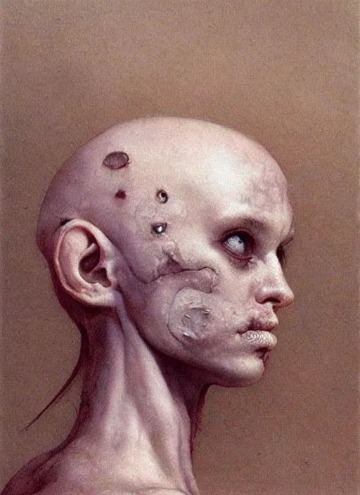 Image similar to cute bald barbarian girl by Beksinski