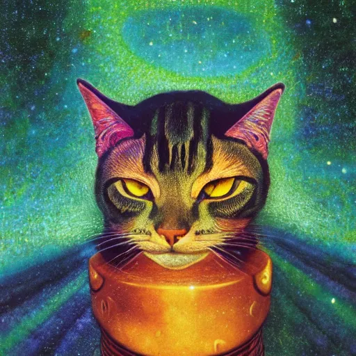 Image similar to psychedelic amber eyes cat eyes lush pine forest, outer space, milky way, designed by arnold bocklin, jules bastien - lepage, tarsila do amaral, wayne barlowe and gustave baumann, cheval michael, trending on artstation, star, sharp focus, colorful refracted sparkles and lines, soft light, 8 k 4 k