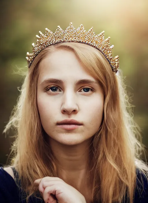 Prompt: portrait of a 2 0 year old woman with a royal crown, symmetrical face, blonde hair, she has the beautiful calm face of her mother, slightly smiling, ambient light in nature