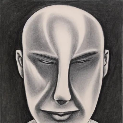 Prompt: charcoal drawing of a man with a strange face. precisionism, charcoal drawing, surrealist, genderless