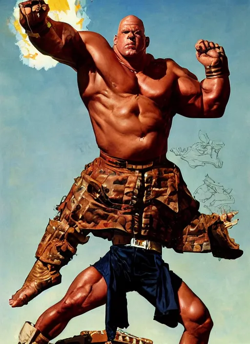 Image similar to full body and head portrait of hulking martyn ford wearing a trench coat as juggernaut, dynamic action painted by norman rockwell and phil hale and greg staples and tom lovell and frank schoonover and jack kirby