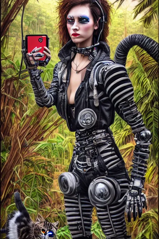 Prompt: punk rock robot girls making selfie in jungles with cats, mad max jacket, renaissance, cables on her body, hyper realistic style, oil painting, highly detailed, 4K, fantasy by Olga Fedorova